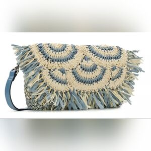 Patricia Nash Loulia Clutch/Crossbody Bag: Woven Straw Natural & Blue Fog